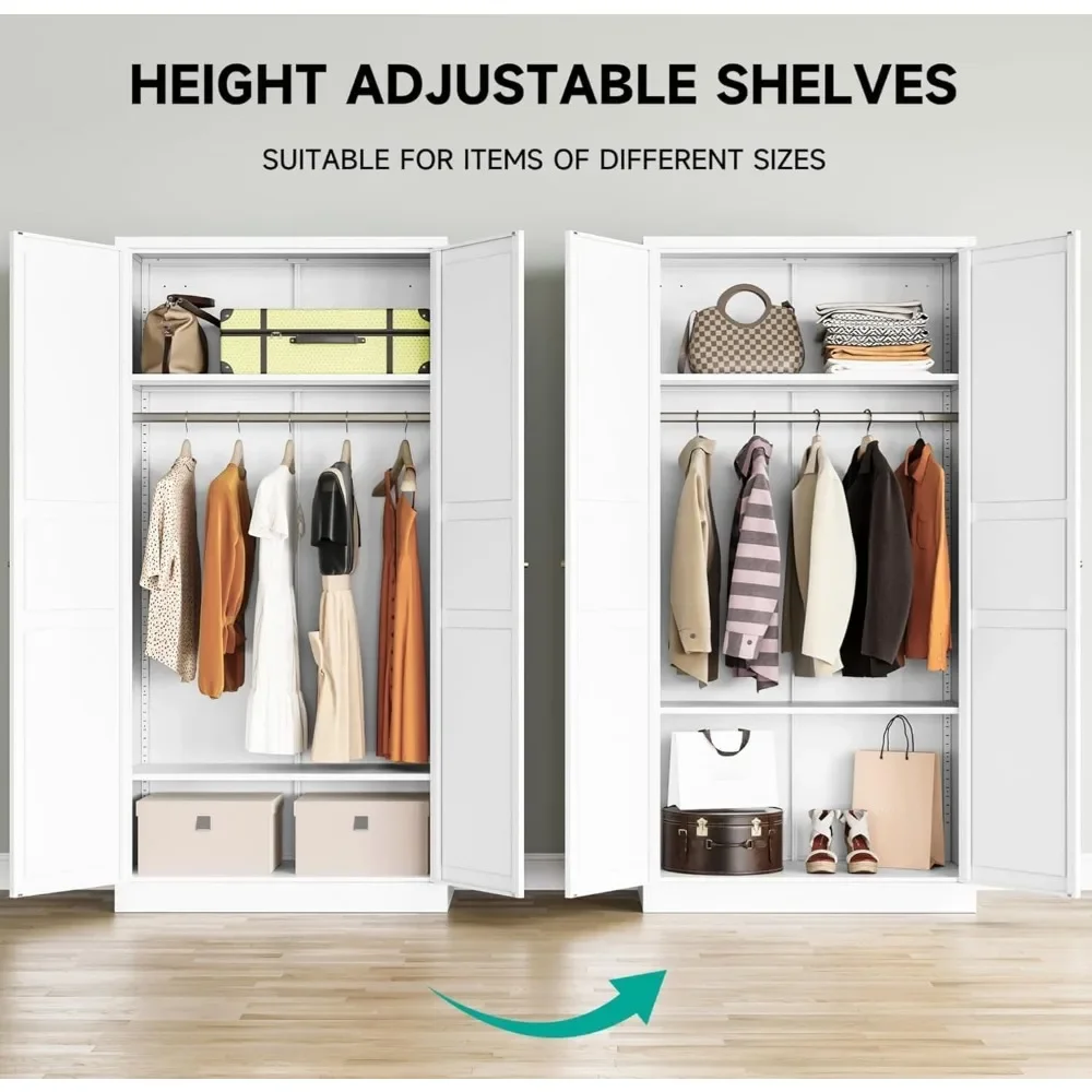 Metal Wardrobe Cabinet with Hanging Rod,White Armoire Wardrobe Closet,Metal Clothing Storage Cabinet with Adjustable Shelves 4