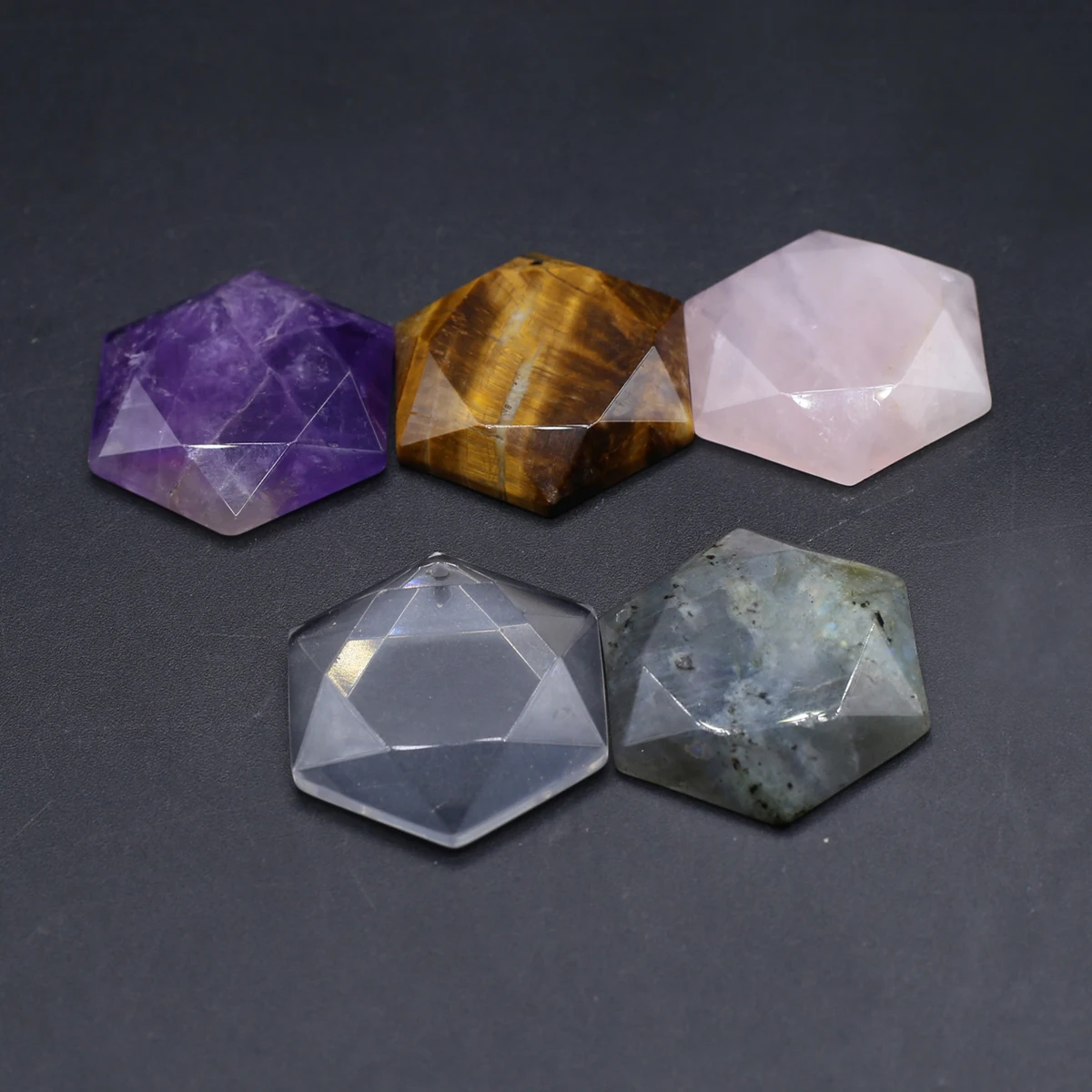 5PCS Reiki Healing Natural Amethyst Rose Quartz Tiger Eye Stone Flash Labradorite Hexagonal Pendant Jewelry Making DIY Necklace