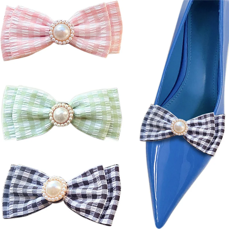 

1 Pair Pearl Bow Shoe Clips Detachable Plaid Shoe Embellishment Lolita Pumps Shoe Accessories for Women High Heels Hat Bag Decor
