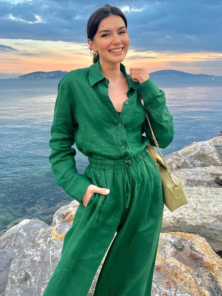 

Комплекты брюк 2023, однотонный повседневный женский комплект из двух предметов из искусственного льна, рубашка с длинным рукавом и широкие брюки, новые комплекты в тон