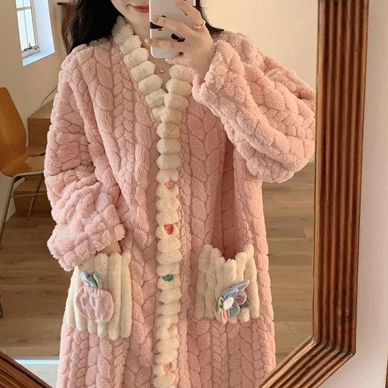 Women Sleepwear Sleepwear Pajamas Robes Women Solid Single Breasted Thick Loose Winter Warm Homewear Simple Leisure Lounge Popular College V-neck Feminino Cozy