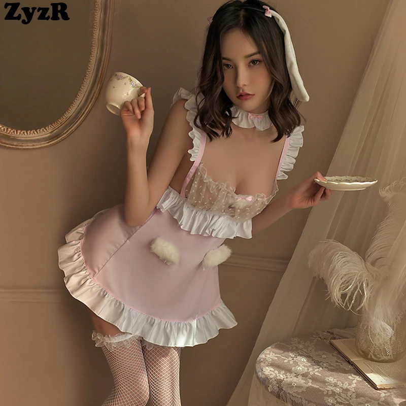 

ZyzR Coffee Bunny Maid Apron Dress Temptation Uniform Women Pink Bunny Ears Nightdress Sexy Lingerie Erotic Pajamas Costumes