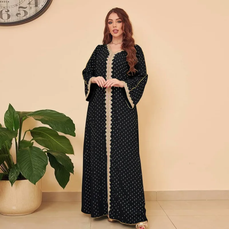 A Lin New Bronzing Decals Türkiye Dubai Morocco Arabic Eid Fashion Elegant Festival Abaya Islam Kaftan Muslim Woman Dress Khimar