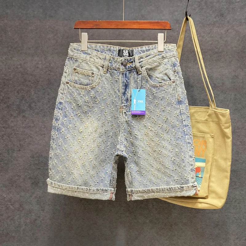 Five Point Pants For Men'S 2024 New Summer Loose Straight Wide Leg Perforated Jacquard High-End Casual Denim Shorts For Men 2