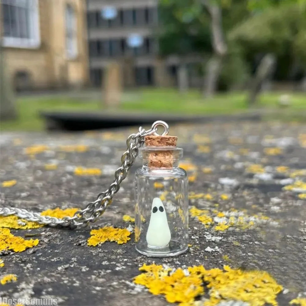 Ghost in A Bottle Pendant Necklace Halloween Jewelry Cute Glow Mini Vial Jar Light Charms Decor Earring Locket Spooky Decoration 6