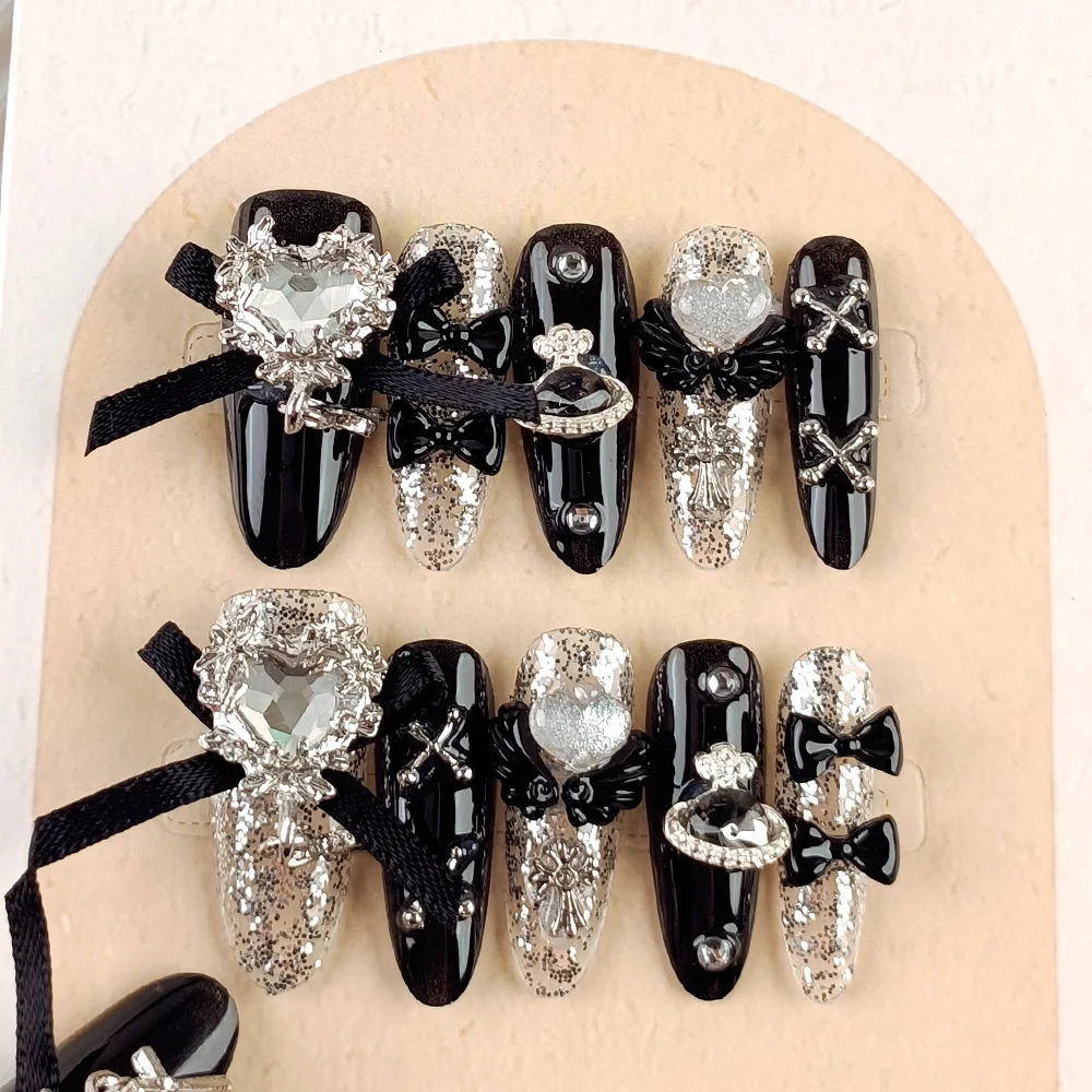 Fake Nails NewGoldcast Handmade Press on Black Bow Tie Wearable Pink Cute Long Winter Reusable Full Cover Charm Art
