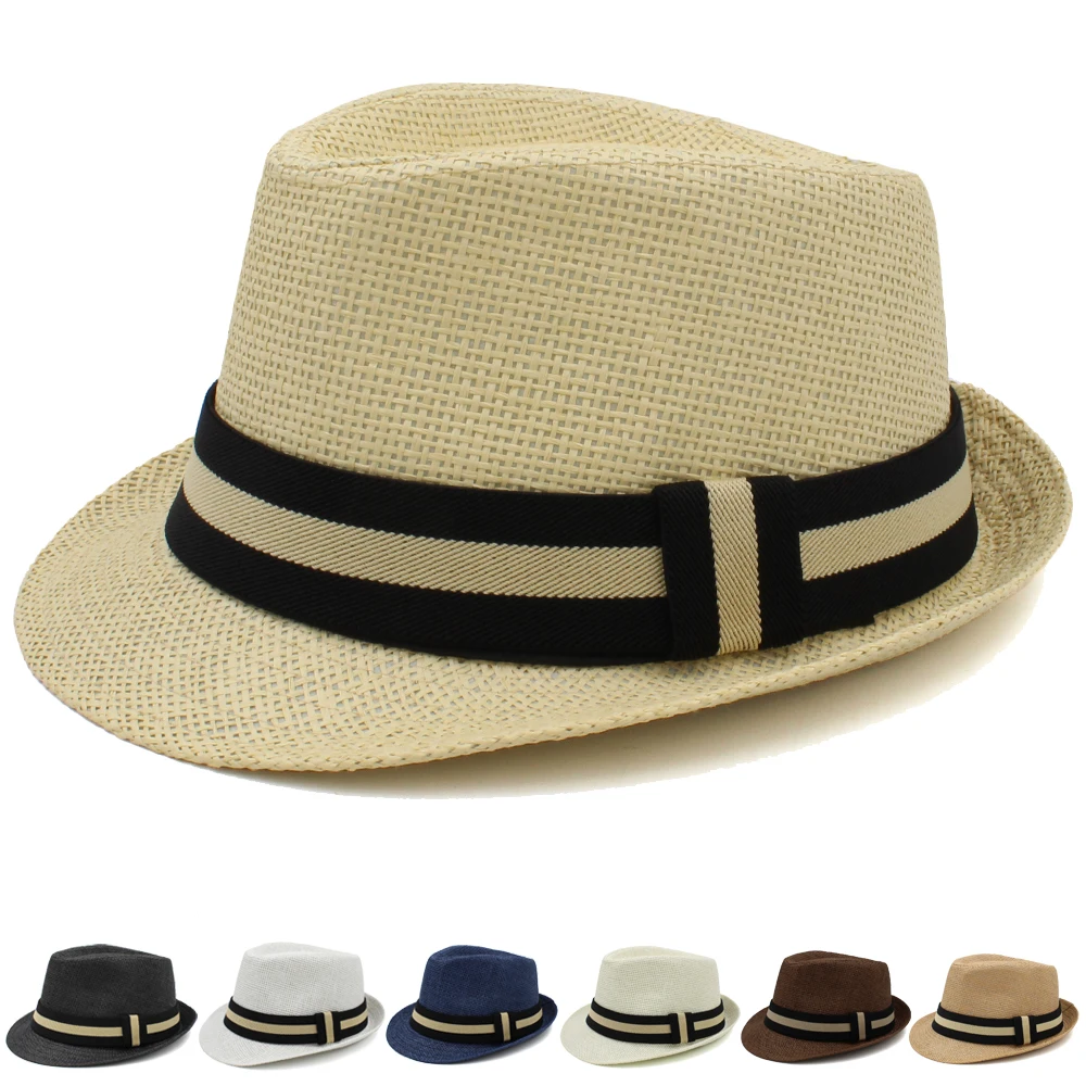 

2 Sizes Parent-child Men Women Kids Boy Straw Fedora Hats Summer Trilby Sunhat Classical Jazz Caps Sombrero Beach Outdoor Travel