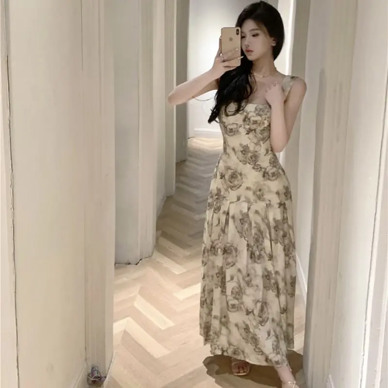 

2023 New Summer Dressed Girl Temperament Waist Retraction Rose Printing Advanced Sense Sleeveless Vest Free Shipping