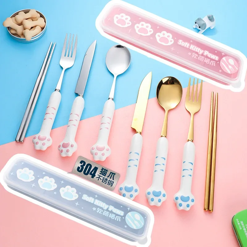 Stainless Steel Cute Cat Claw Tableware Spoon Fork Chopsticks Set