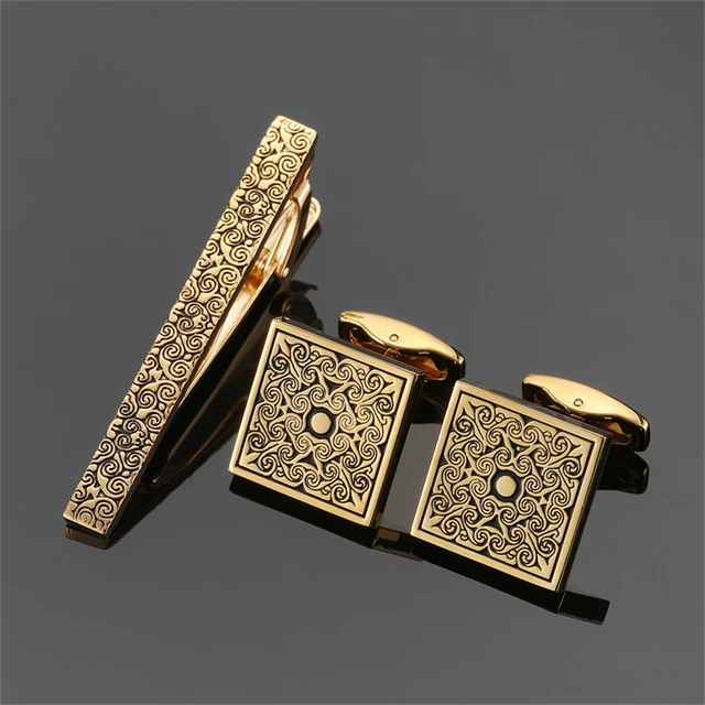 Classic men's French shirt cufflinks tie clip set high-quality metal love rose print clip cuffs buttons suit accessories jewelry 2