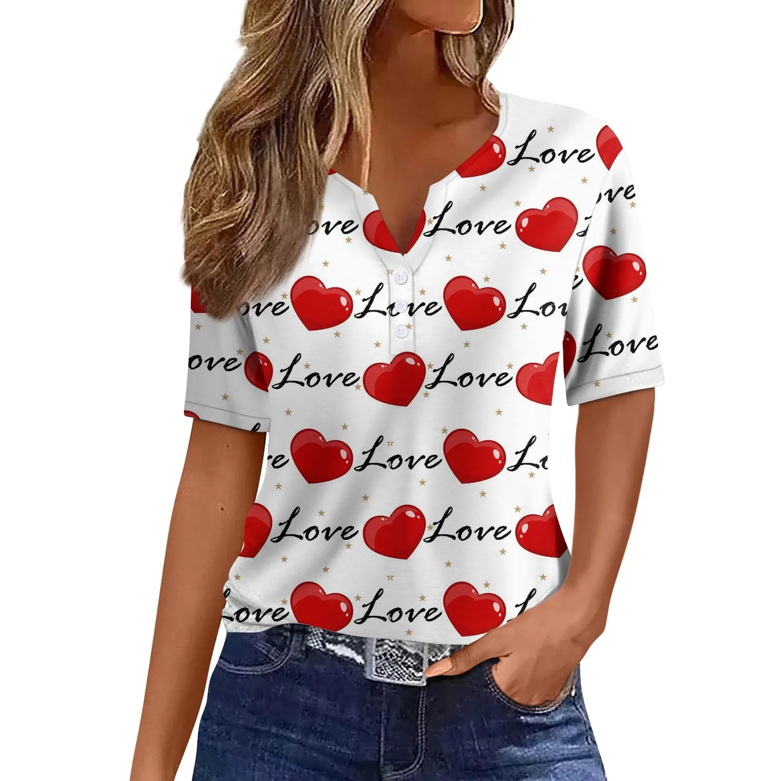 

Women'S T Shirt Tee Valentine'S Day Print Button Short Sleeve Daily Weekend Fashion Basic V- Neck Regular Top Women Fashion