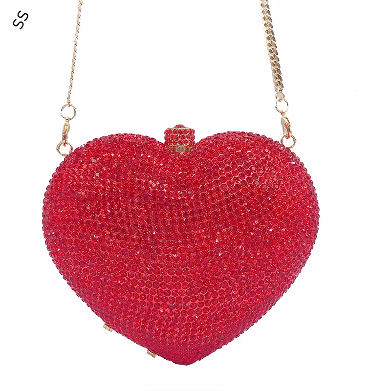 Metal Chain Inlaid Full Rhinestone Diamond Red Heart Style Handbag Women's Fashion Hard-shell Clutch Bags for Party's Purse