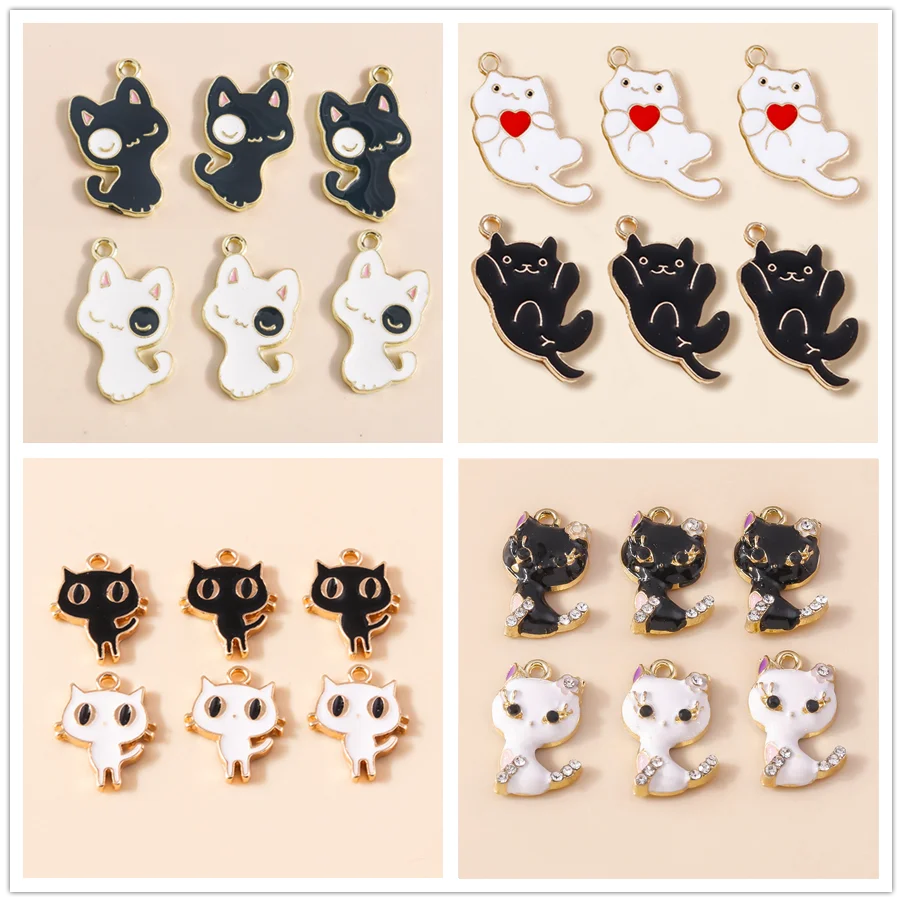 Leslie 10 Stück süße Emaille-Anhänger mit weißer und schwarzer Katze für Schmuckherstellung, DIY-Ohrringe, Armbänder, Halsketten, Anhänger, Zubehör