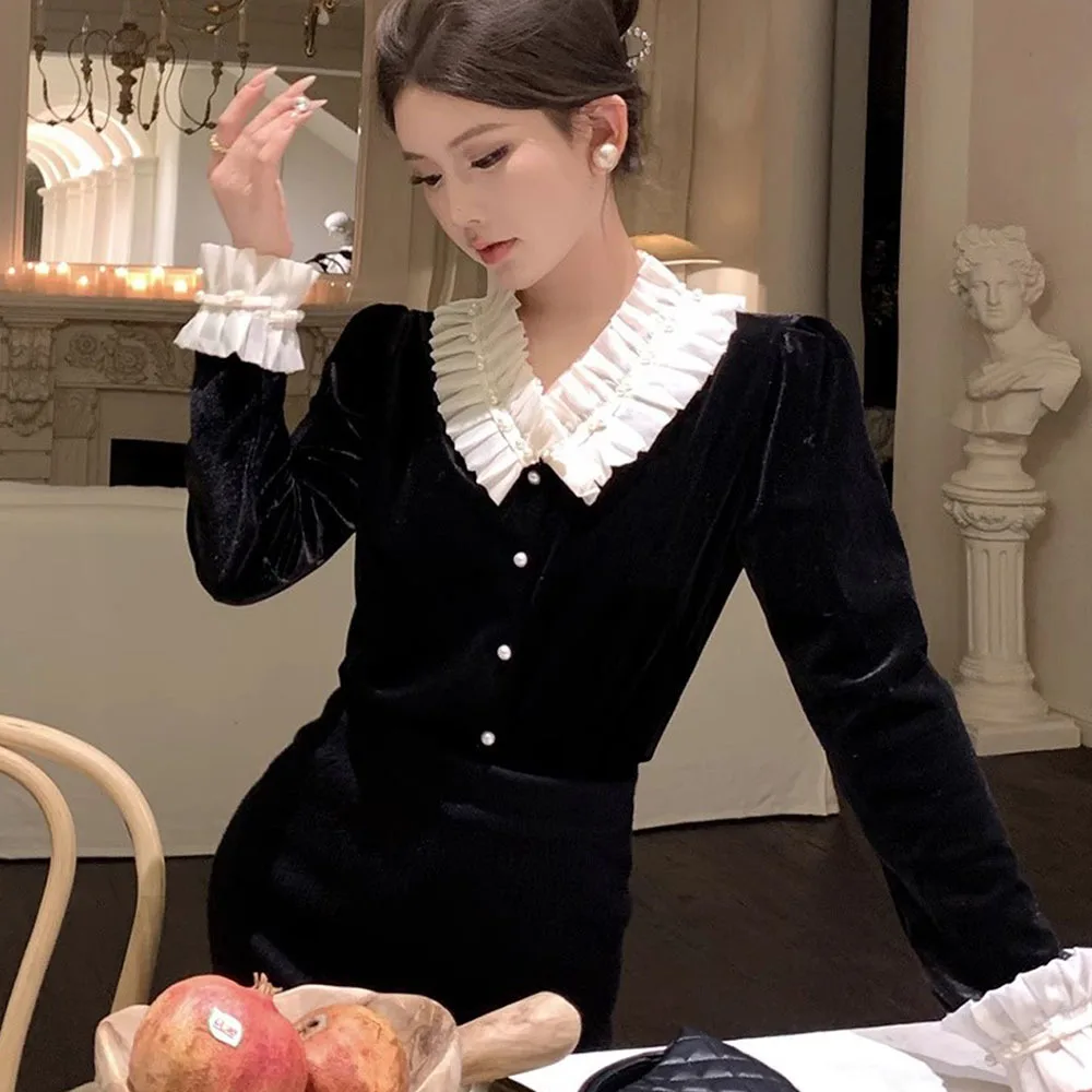 

Winter Fashion Pearl Women Shirts Ruffles Patchwork V Neck Flare Long Sleeve Black Elegant Blouse Ladies Vintage Camisas Mujer