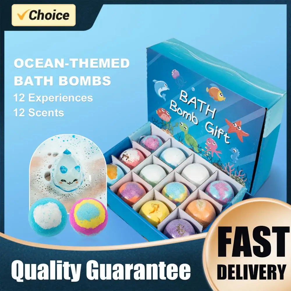 Ocean-Themed Bath Bomb Gift Set - 12 Handmade Bubble Bath Balls with Surprise Sea Animal Toys Inside, 60g Each