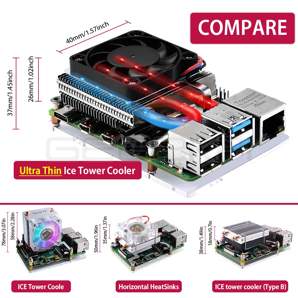 Geeekpi-radiador do Ventilador Ventilador Dissipador de Calor para Raspberry pi b Ultra Fino Perfil Baixo Torre de Gelo Novo - Imagem 4