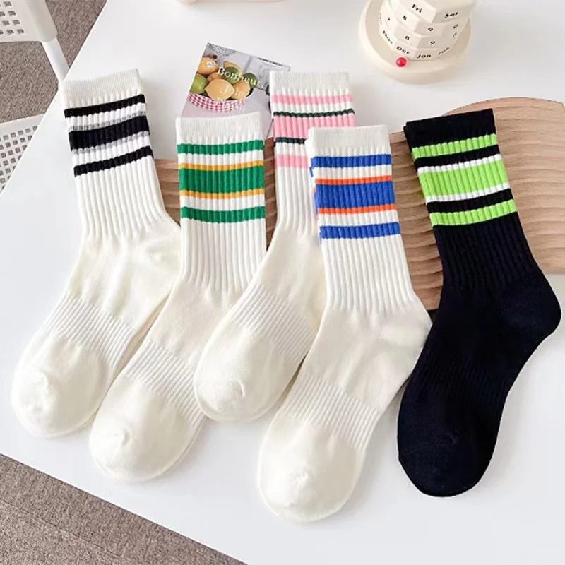 

5Pairs/Lot Fashion Women Cotton Socks Color Stripe White Crew Socks Soft Warm Sock Street Skateboard Hip hop Sports Stocking