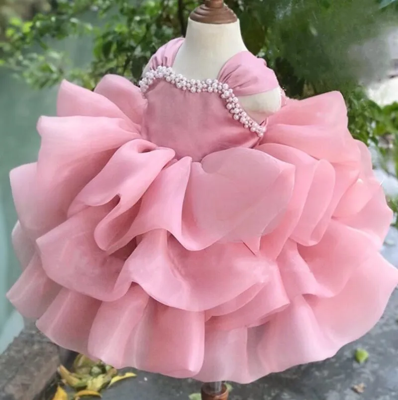 

Puffy Organza Pink Baby Girl Dress Toddler Tutu Infant Birthday Dress Party Gown First Communion Dress with Bow