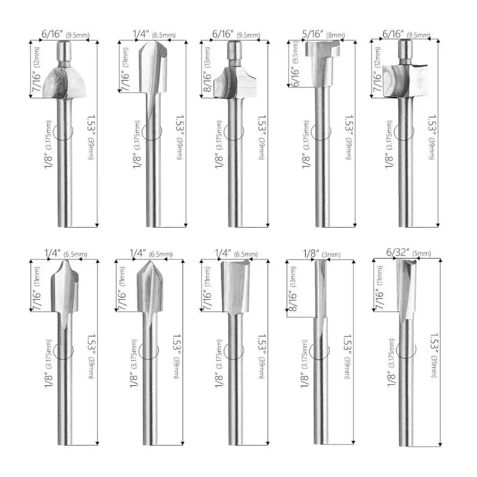 Set 5 Frese Per Incisione HSS Per Legno – Diametri 3-8 Mm, Codolo 1/8", Per Dremel E Utensili Rotanti, Ideali Per Modellismo, Intaglio E Fai-da-te