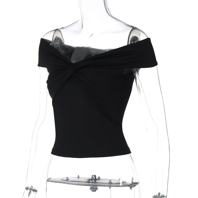 Camiseta con hombros descubiertos y fruncido para mujer, sexy, sin mangas, de color liso, ajustada, con cuello barco, estilo urbano
