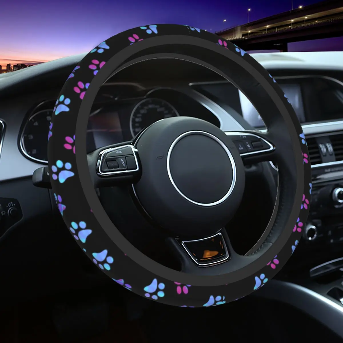 

Blue Yellow Galaxy Paw Prints Steering Wheel Cover Pretty Puppy Pet Steering Wheel Protector 14.5-15 Inch Car Accessories