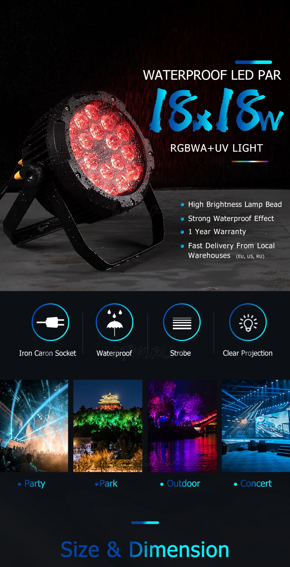 Description Picture 4 of item2/4pcs Waterproof LED 18X18W RGBWA+UV Flat Par Lights Colour Mixing Flash IP65 Outdoor Stage Show Wedding Party DJ Disco Bar