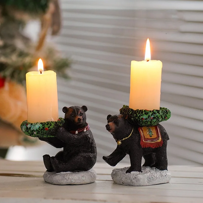 

American European Christmas black bear candlestick ornaments resin retro candle cup tray creative home porch crafts decoration