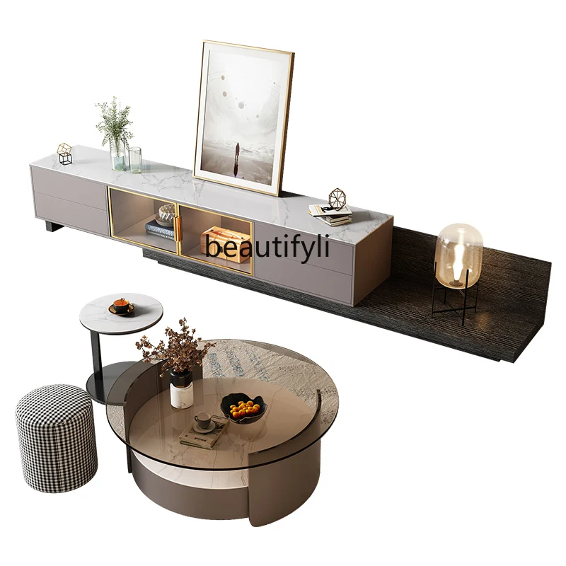 HJ Stone Plate Coffee Table TV Cabinet Modern Minimalist round Tea Table Home Floor Cabinet