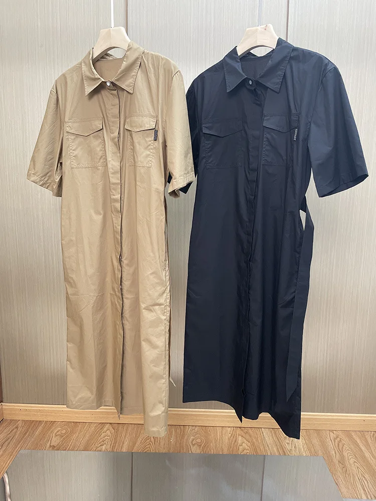 

Women Lace-Up Covered Buttons Safari Style Shirt Dress Short Sleeve Simple 2023 Summer Female Turn-Down Collar Midi Robe
