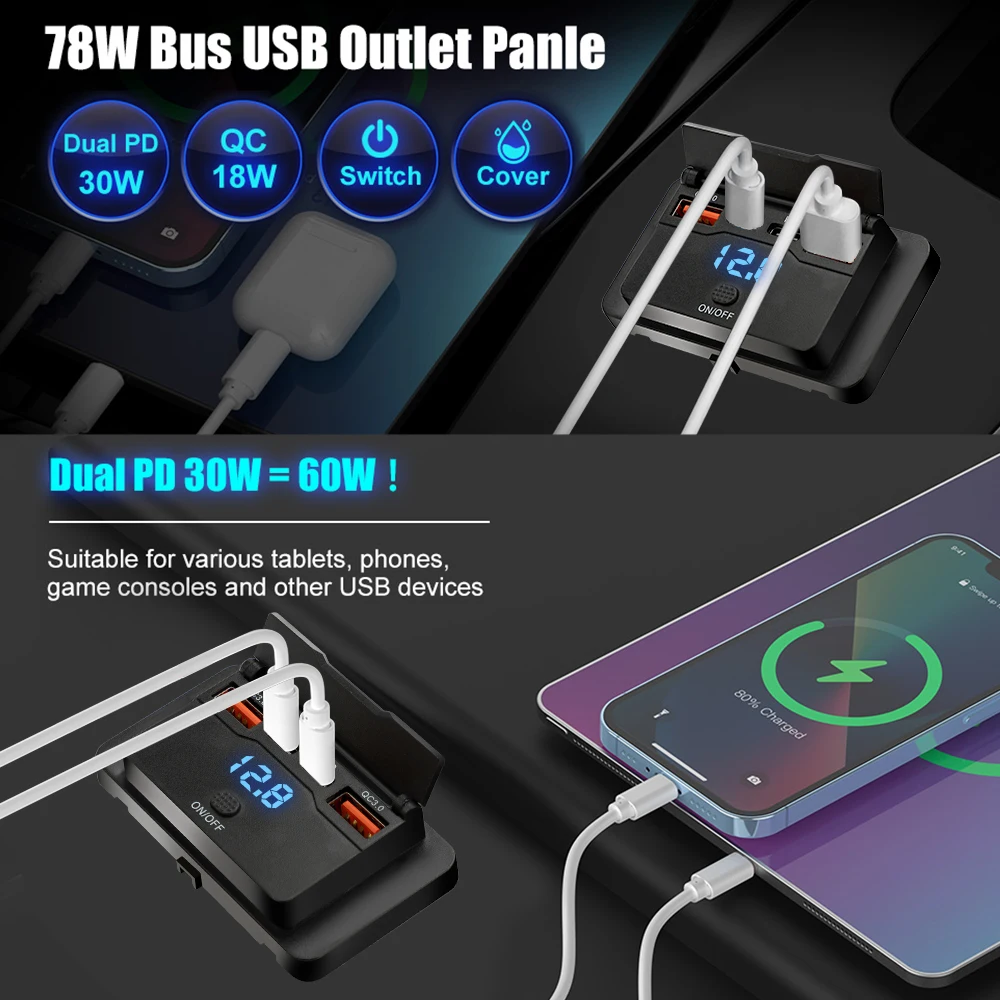 รูปสินค้า 4 พอร์ตชาร์จไฟเร็ว PD+QC3.0 สำหรับรถยนต์และเรือ
