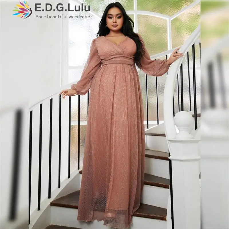 

EDGLuLu Plus Size Women Clothing Fashion V-Neck Lantern Sleeves Long Dress Elegant Purple Sequin Party Evening Dresses 3XL4XL