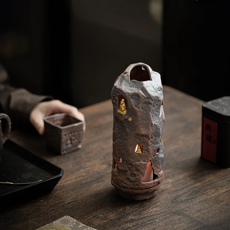 Creative Thousand Buddha Incense Burner Old Rock Mud Insertion Pagoda Stand Candlestick Aromatherapy Furnace Tea Ceremony Gift