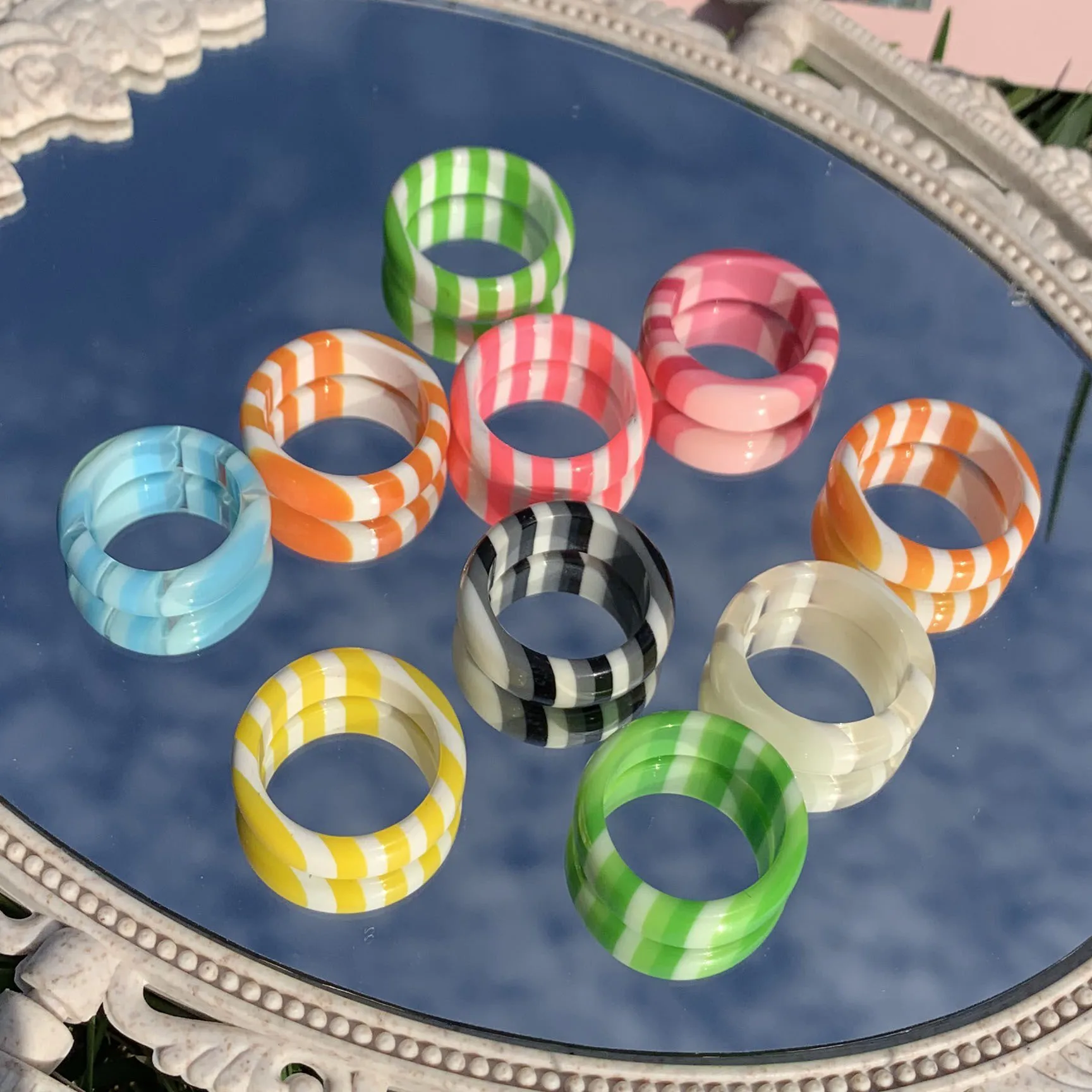 

5pcsins Korea new striped rainbow gradient color ring DIY resin personality sweet girl ring wholesale