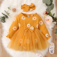 Newborn Baby Girl Romper Dress Long Sleeve Flowers Print Tulle Bodysuit Yellow Spring & Autumn Dress with Headband Clothes 1