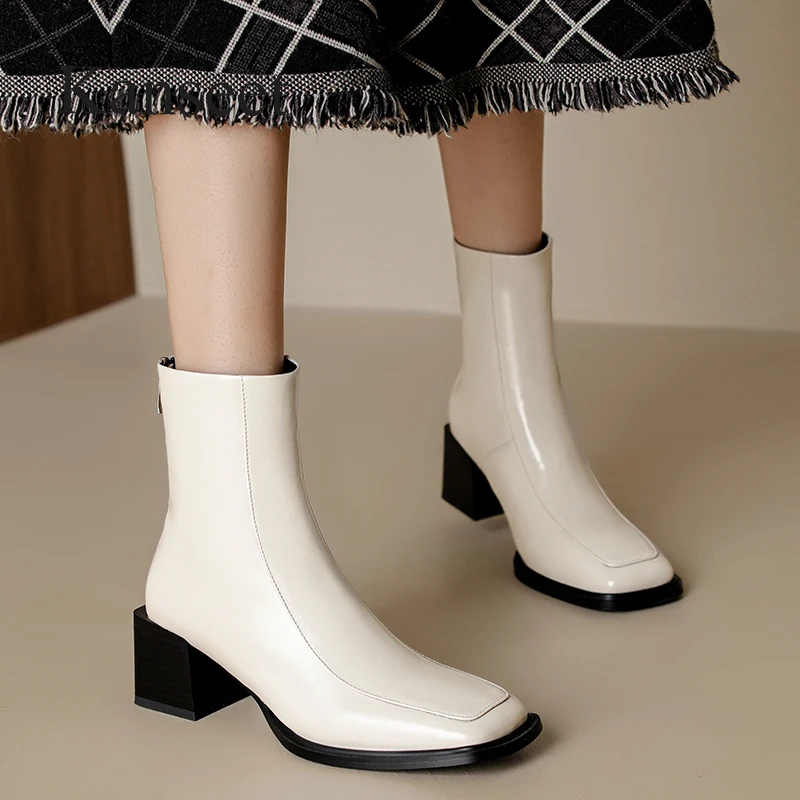 

Kanseet Women's Ankle Boots Warm Wool Fur Genuine Leather Winter Shoes Square Toe Zipper Fashion High Heels Short Boots White 40
