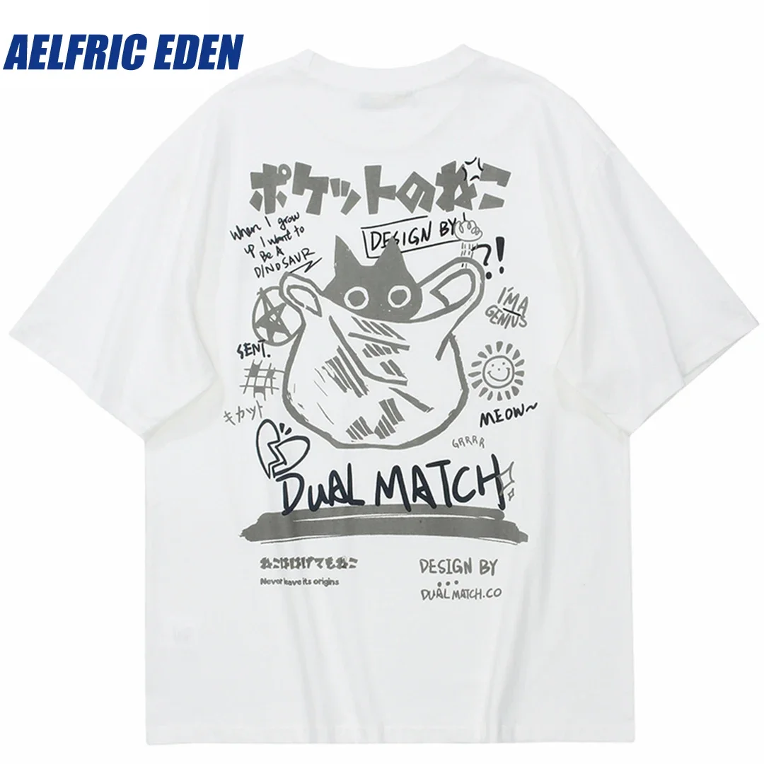 

Aelfric Eden Japanese Kanji Funny Cat Printed T Shirt Hip Hop T-Shirt Streetwear Men Harajuku Cotton Casual Short Sleeve Tops