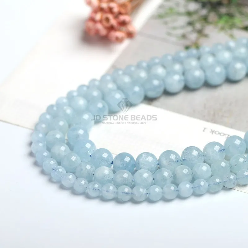 Loose Beads Natural Blue Aquamarine Stone Round Loose Spacer Smooth Beads for Jewelry Making 4 6 8 10mm DIY Accessories Loose Spacer Beads Loose Gemstone Beads