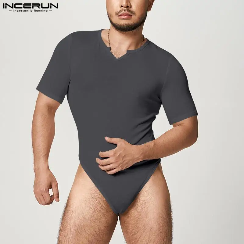 Men Bodysuits Solid Color V Neck Short Sleeve Pajamas Sexy Homewear Rompers Fashion Fitness Men Bodysuit INCERUN Plus Size