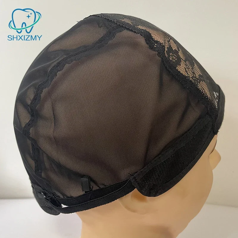 Berretto per parrucca in pizzo per realizzare parrucche 56 cm con cinghie regolabili Tessitura elasticizzata Berretto con parte a U Cappello per retine per capelli a cupola da donna nera - immagine 4