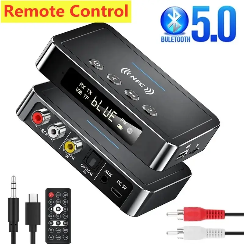 블루투스 5.0 리시버 송신기 FM 스테레오 AUX 3.5mm 잭 RCA 광학 핸즈..