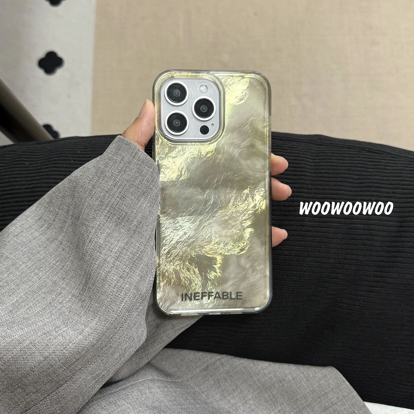 Korean INS Cool Black Silvery Glacier Word Hard Phone Case For iPhone 16 15 14 13 Pro Max Armor Shockproof Back Cover
