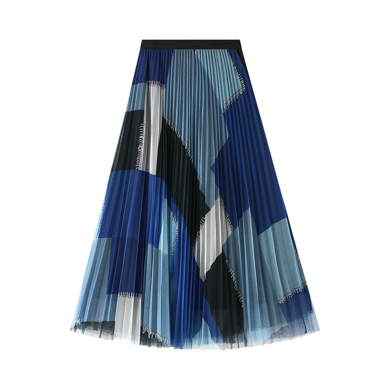 

Korean Style 2023 Geometric Print Y2K Skirt VD1702 Women Purple Black Blue Long Midi Length Tulle Pleated Skirt
