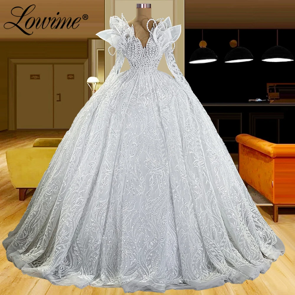 

2022 Newest White Long Wedding Dresses Custom Robe De Mariée Pearls Beading Puffy Muslim Arabic Bridal Gowns Vestido De Noiva