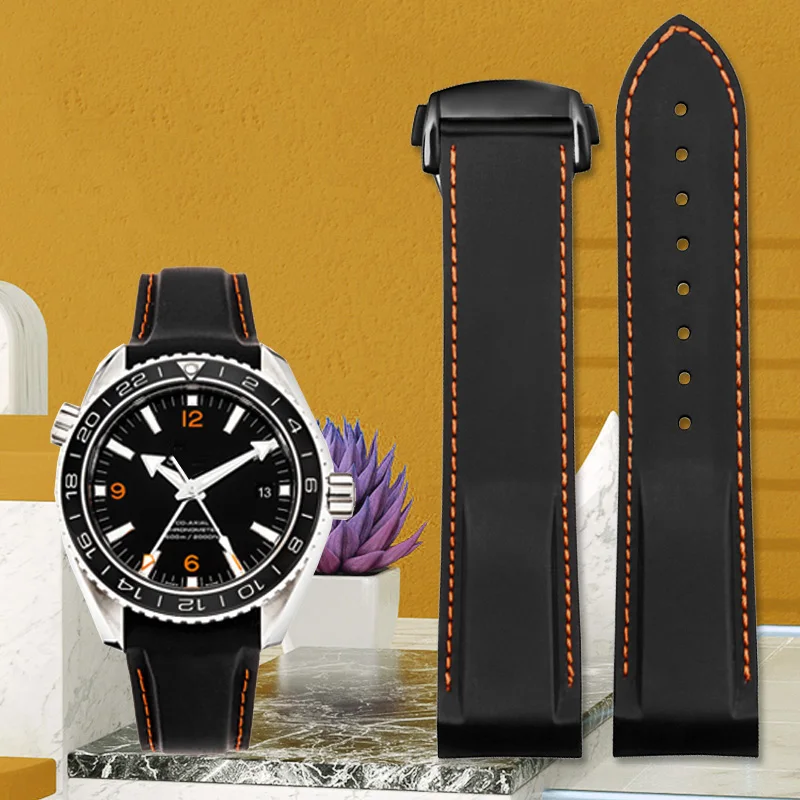 Premium Curved End Rubber Silicone Watch Strap in Blue, Black, and Orange (20mm, 22mm)