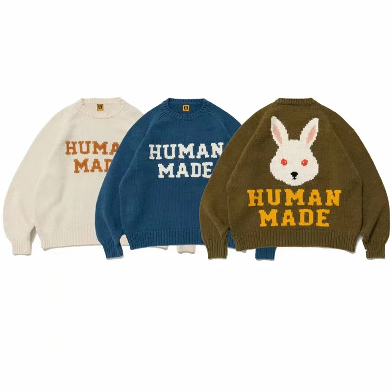 HUMAN MADE Japanese Trend Year Of The Rabbit Sweater Rabbit Knit Shirt  Loose And Comfortable Couple Round Neck Casual Top