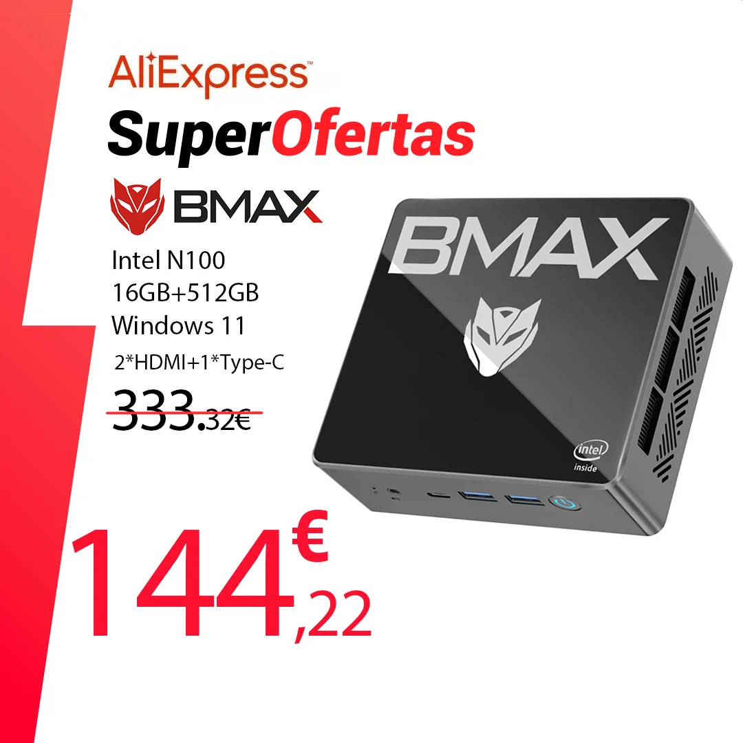 BMAX-Mini PC B4 Plus, Windows 11, Intel N100, 16GB, DDR4, 512GB, SSD, 2 x HDMI, 1 x tipo C, compatible con gráficos 4K @ 60Hz, 750MHz, Intel UHD