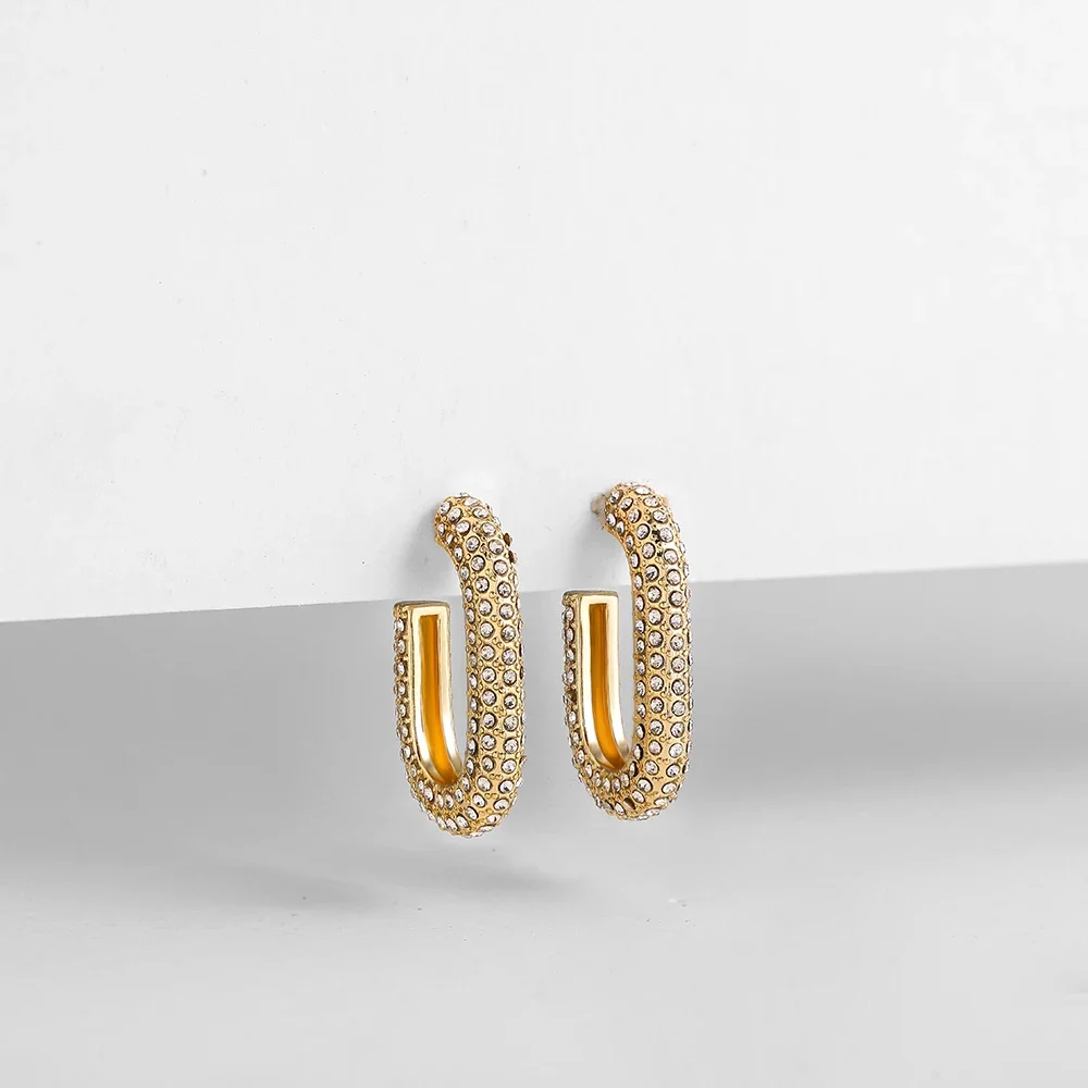 Classic U-shape Hoop Earrings Filled with Zircon Gold Plated Rust Proof Simple Huggies Versatile Daily Jewelry Wholesale Серьги