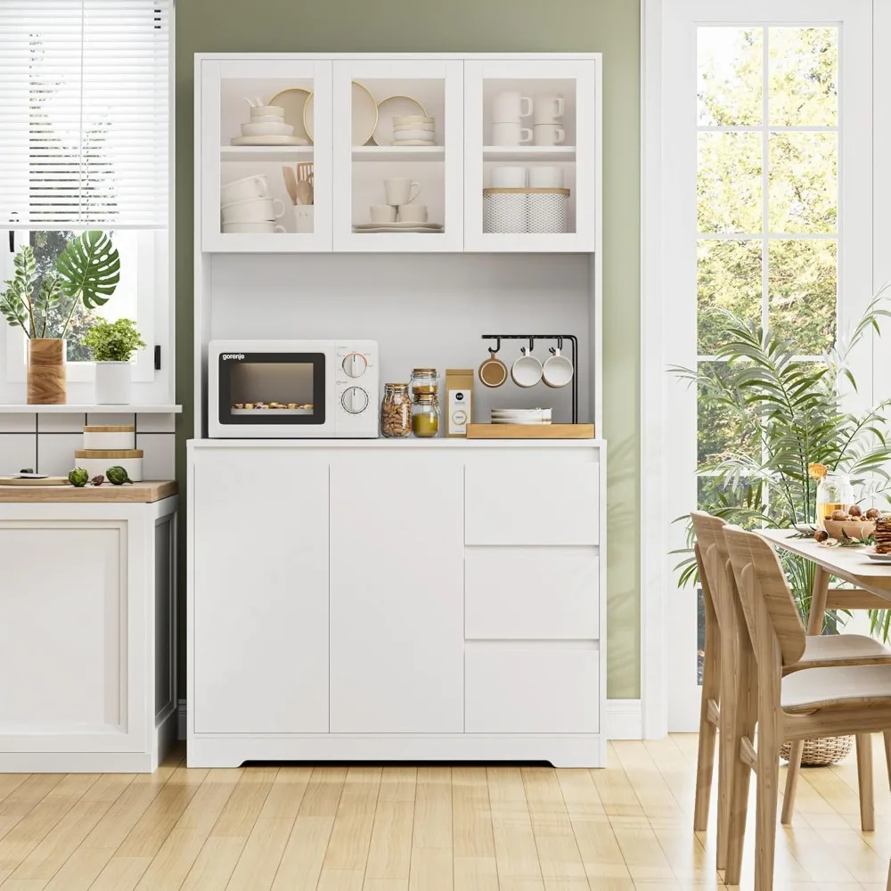 71" Kitchen Pantry Cabinet with LED Lights and Charging Station, Modern Kitchen Cabinet Hutch with Storage and Microwave