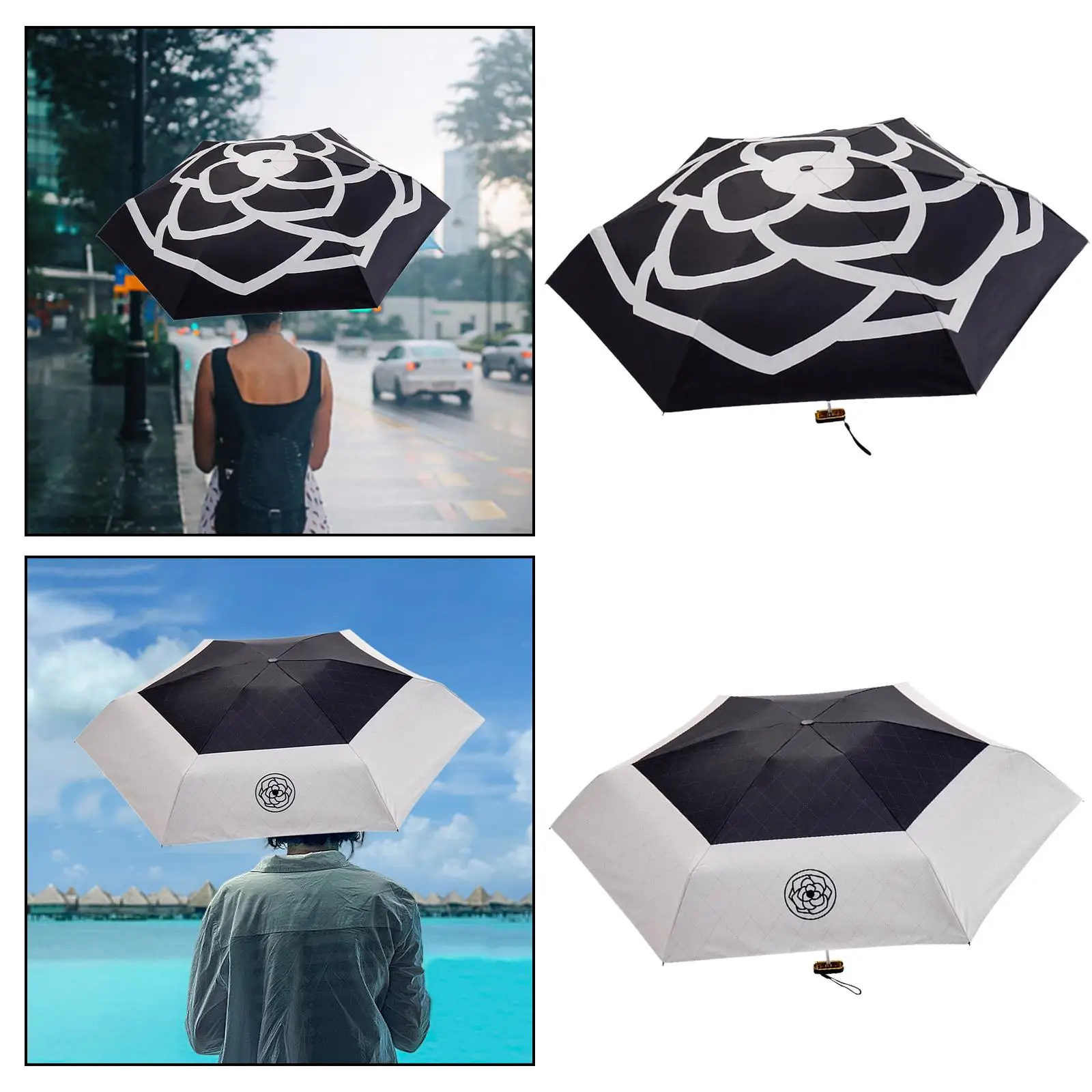 Portable Umbrella Personal Umbrella Outdoor Activities Compact 6 Ribs Camellia For Women Beach Sunny Sun Rain