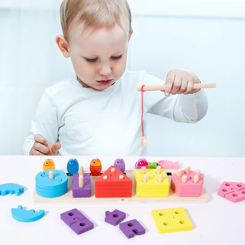 2-in-1 Wooden Early Learning Toys, Shape and Color Matching, Fishing Game, Infant and Toddler Puzzle Blocks, Enlightenment Set